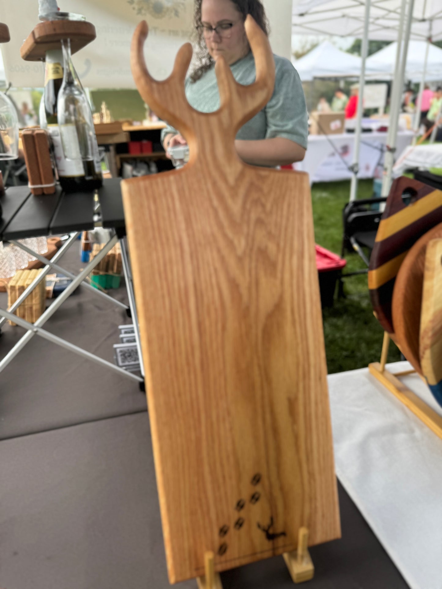 Solid oak charcuterie board w/ antler handle and engraving