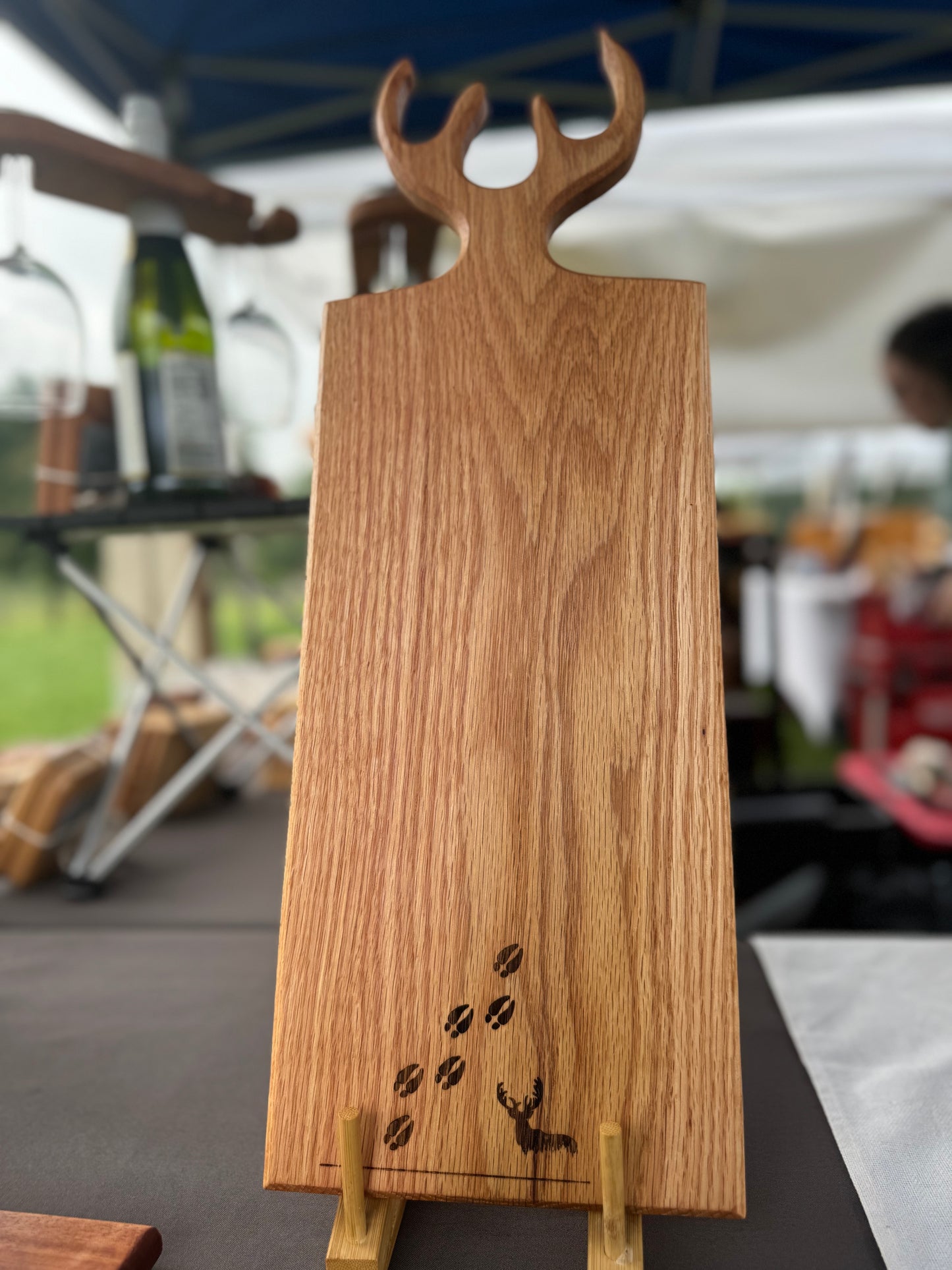 Solid oak charcuterie board w/ antler handle and engraving