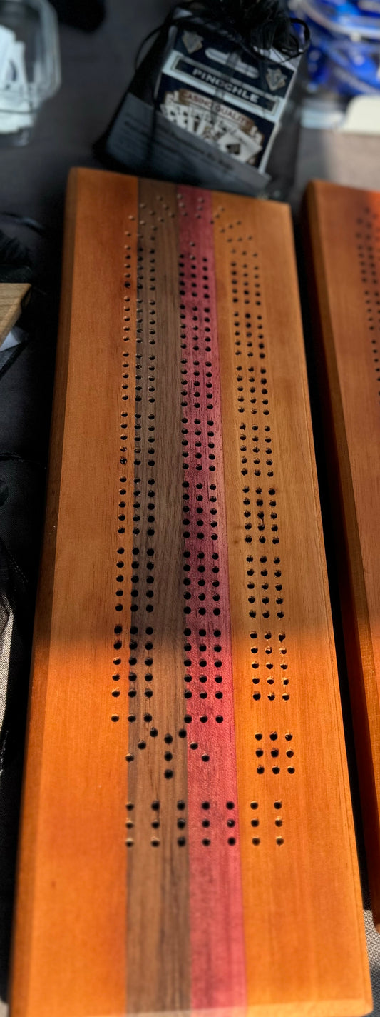 Mahogany, Purple Heart and walnut cribbage board